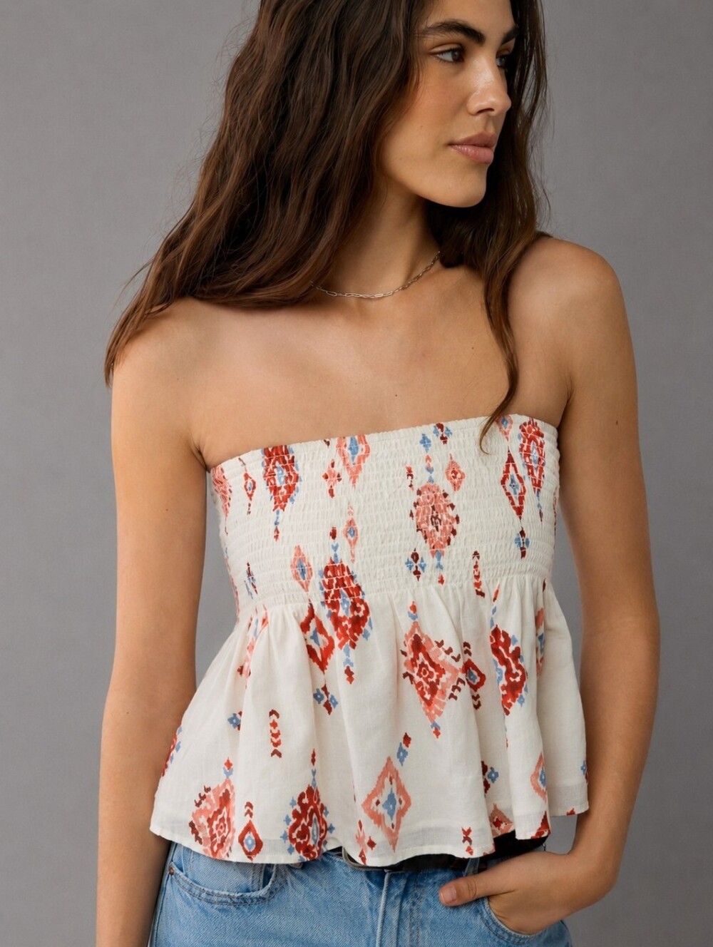 American Eagle Smocked Peplum Top with Aztec Print | LARGE | NWT